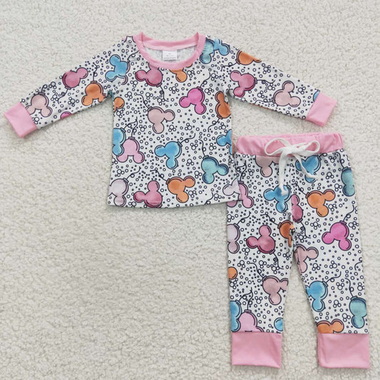 GLP0437 Girls long sleeve pink mouse and leopard print pajamas