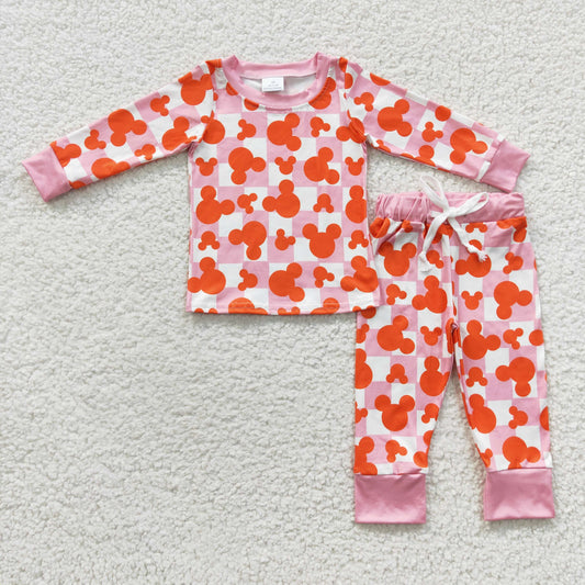 GLP0438 Kids orange mouse pink gingham print fall pajamas