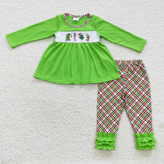 GLP0441 Green frog embroidery tunic top plaid legging pants girls Christmas outfits