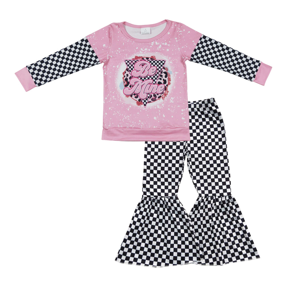 GLP0446 Girls pink be mine print top black gingham bell bottom pants outfits