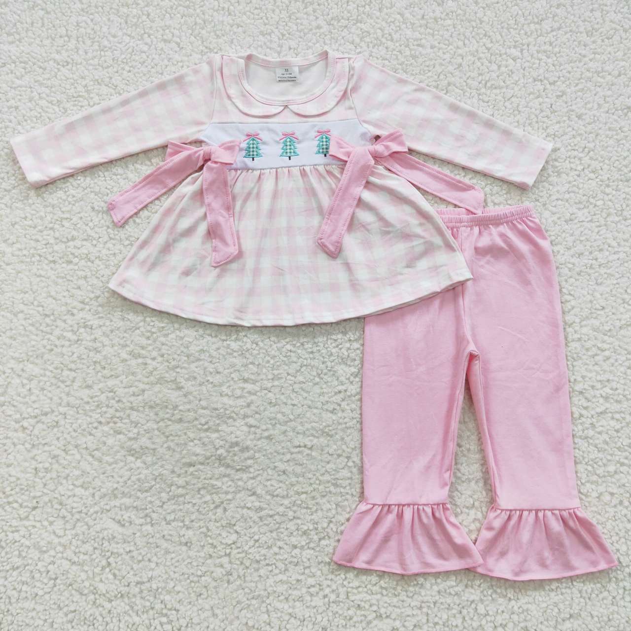 GLP0449 Girls Christmas tree embroidery pink plaid tunic top cotton pants outfits