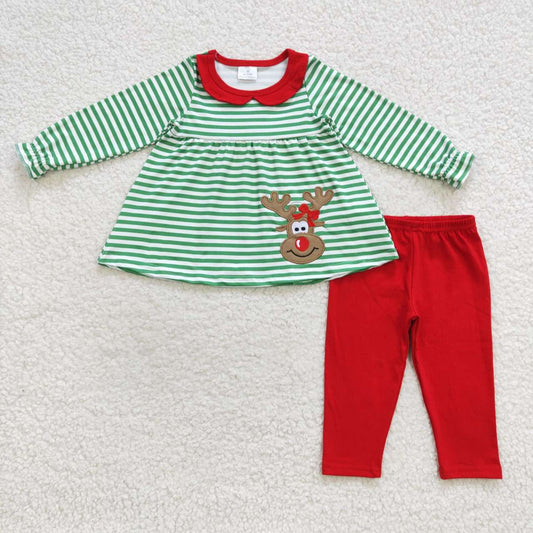 GLP0451 Girls green stripes Christmas deer embroidery top red legging pants clothes set