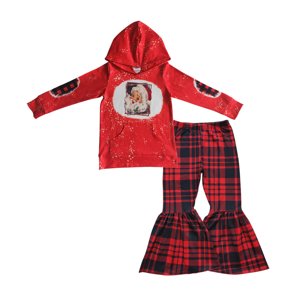 GLP0457 Girls red santa print hoodie top plaid bell bottom pants Christmas clothes