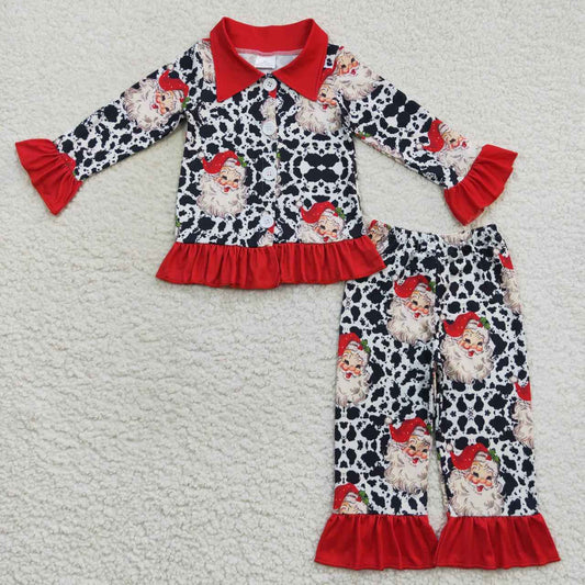 GLP0458 Black cow Santa print girls button Christmas pajamas clothes set