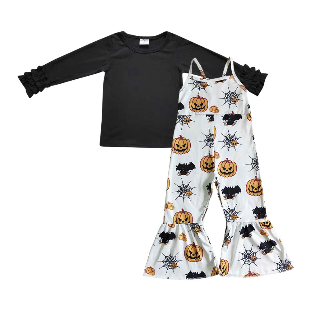 GLP0464 Black cotton top pumpkin bat print sleeveless baby girls Halloween jumpsuit clothes set