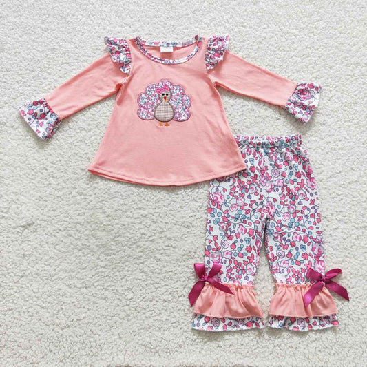 GLP0466 Pink flowers turkey embroidery girls Thanksgiving clothing sets