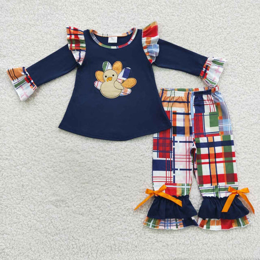 GLP0472 Turkey embroidery navy Thanksgiving girls clothes set