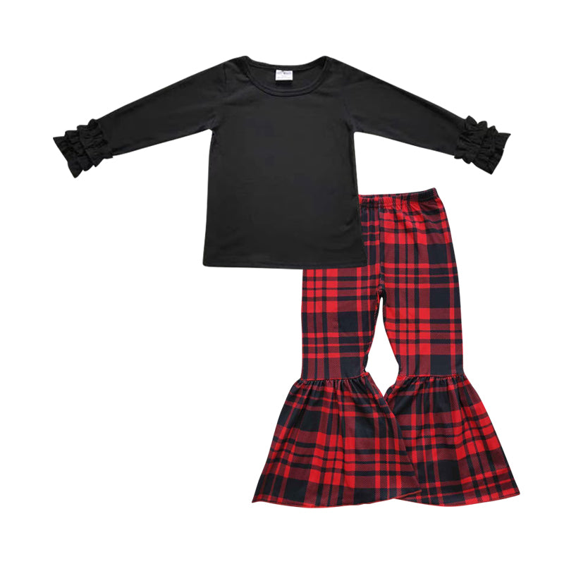 GLP0476 Black cotton top red and black plaid bell bottom pants girls clothes set