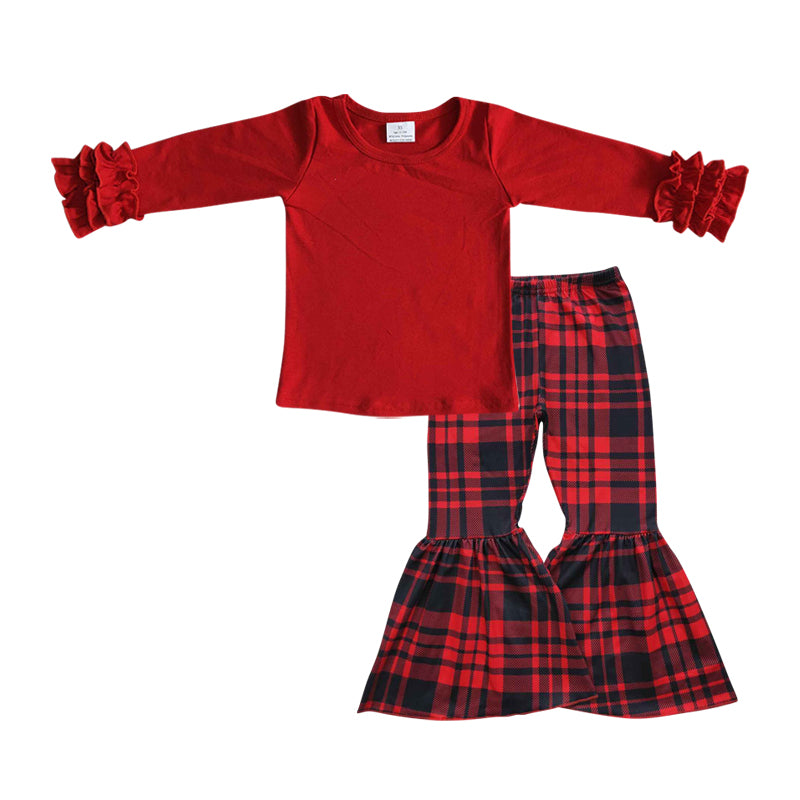 GLP0477 Red cotton top red and black plaid bell bottom pants girls clothes set