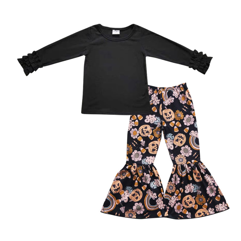 GLP0478 Black cotton top flowers pumpkin bell bottom pants girls Halloween clothes set