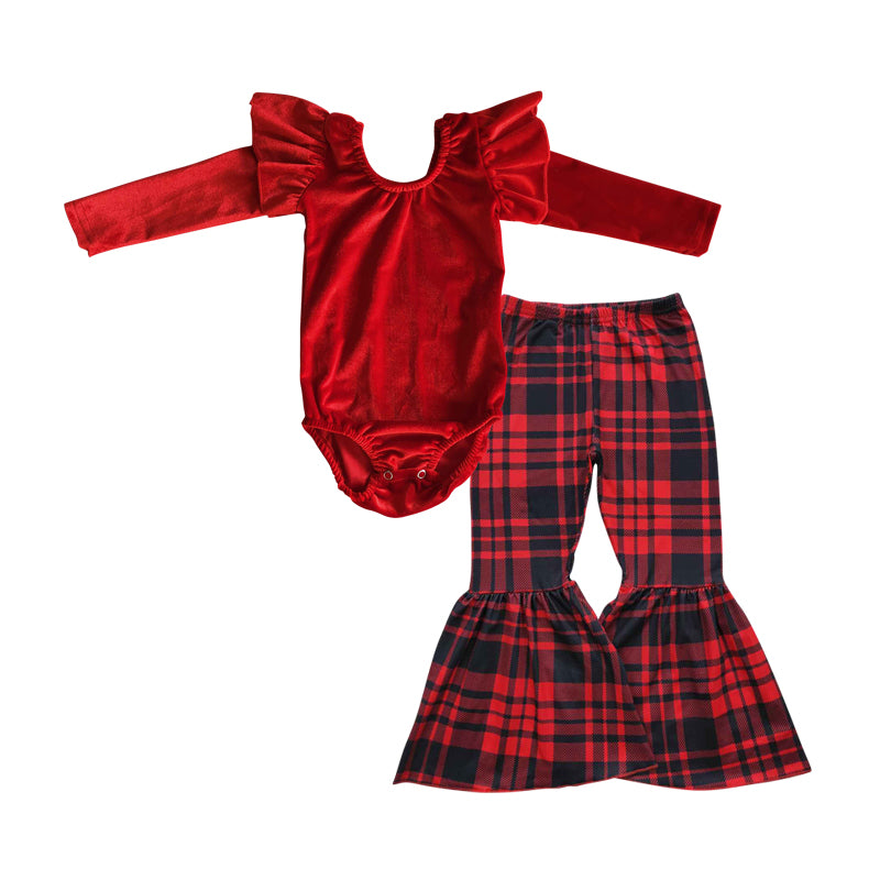 GLP0479 Red velvet leotard top plaid bell bottom pants girls clothes set