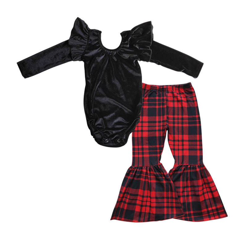 GLP0480 Black velvet leotard top plaid bell bottom pants girls clothes set