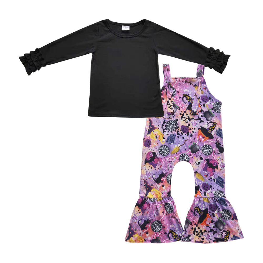 GLP0483 Black cotton top purple tie-dye witches jumpsuit girls Halloween clothes set