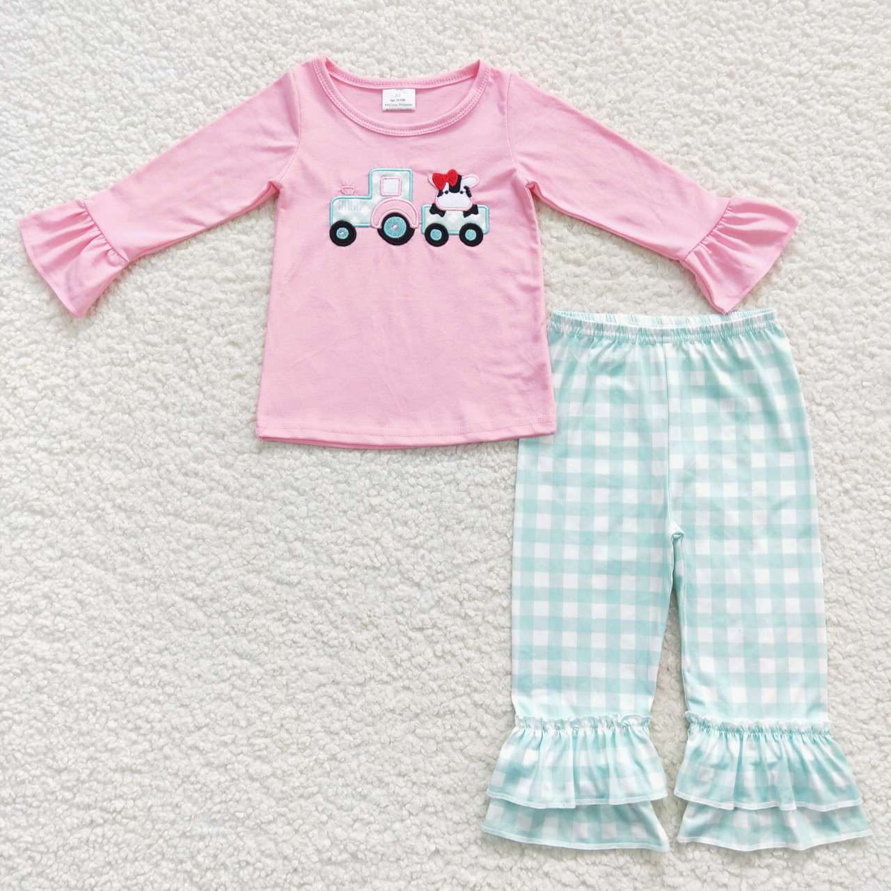 GLP0487 Tractors cow embroidery print pink top blue plaid pants girls clothes set