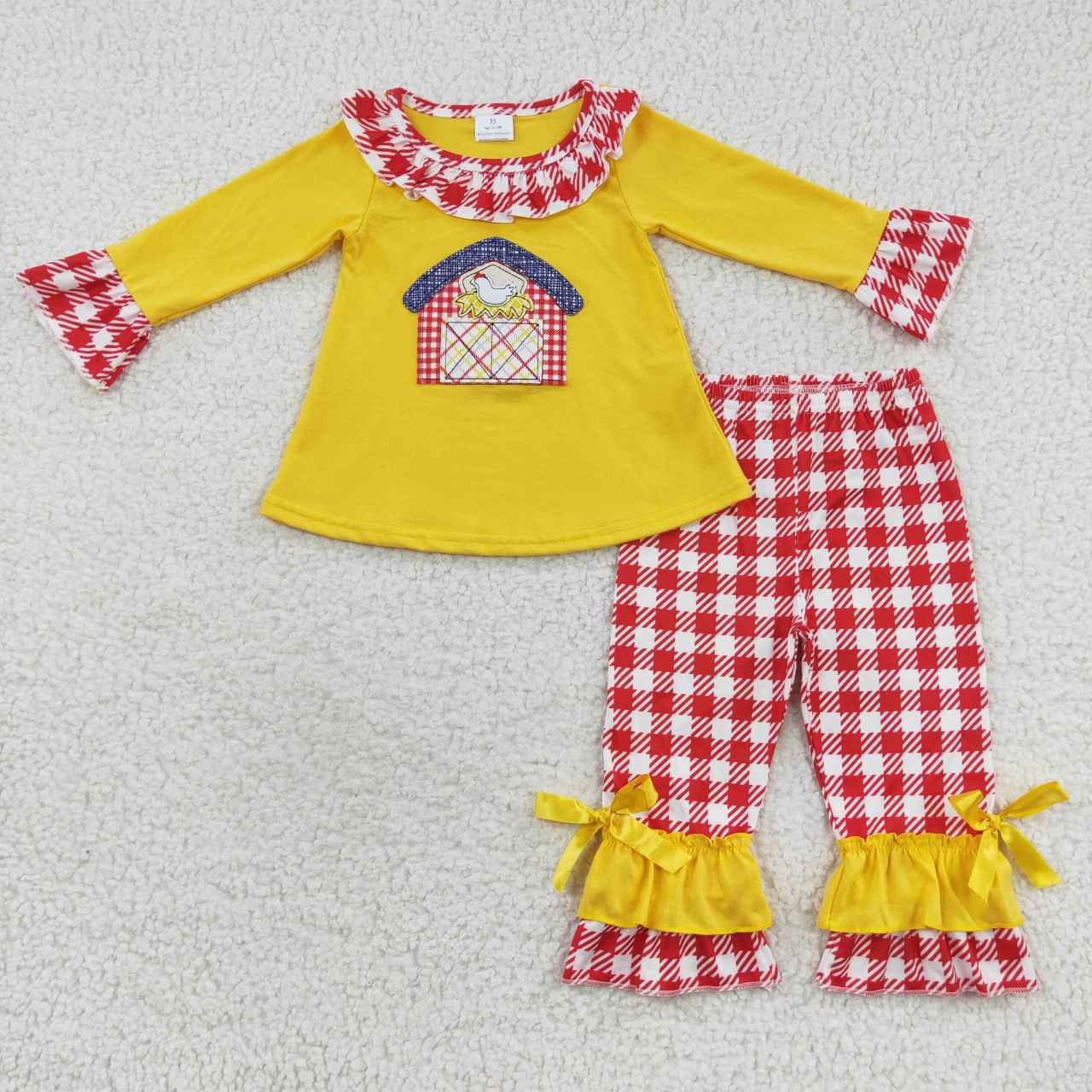 GLP0492 Yellow farm chicken embroidery top red plaid pants girls fall clothes set