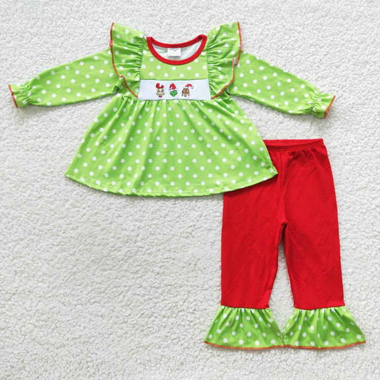 GLP0494 Girls green embroidery and dots tunic top red pants Christmas clothes set