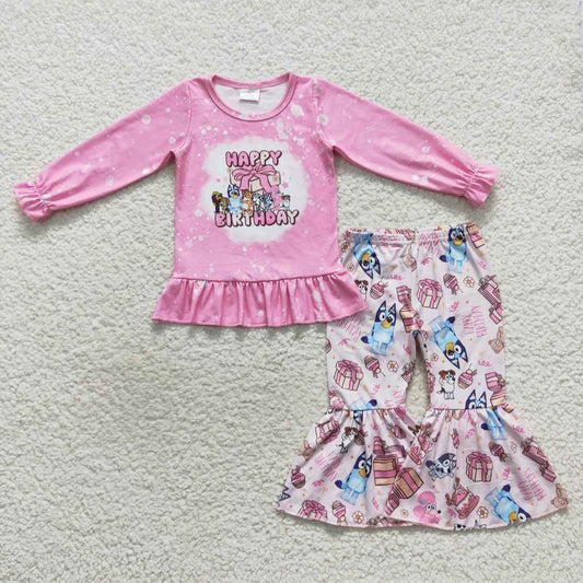 GLP04999 Girls pink cartoon dog print Happy birthday clothes set