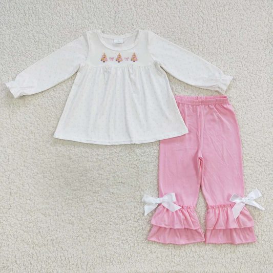 GLP0505 White pink Christmas tree embroidery tunic top pink pants girls clothes set