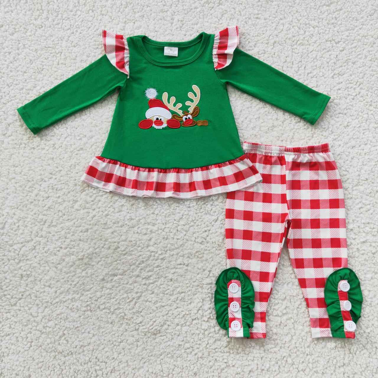 GLP0507 Santa and deer green embroidery top plaid pants girls Christmas outfits