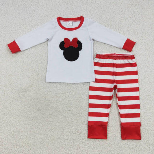 GLP0508 White cartoon mouse embroidery top red stripes pants girls Christmas pajamas