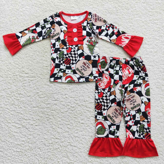 GLP0514 Girls black gingham red ruffles Christmas pajamas clothes set