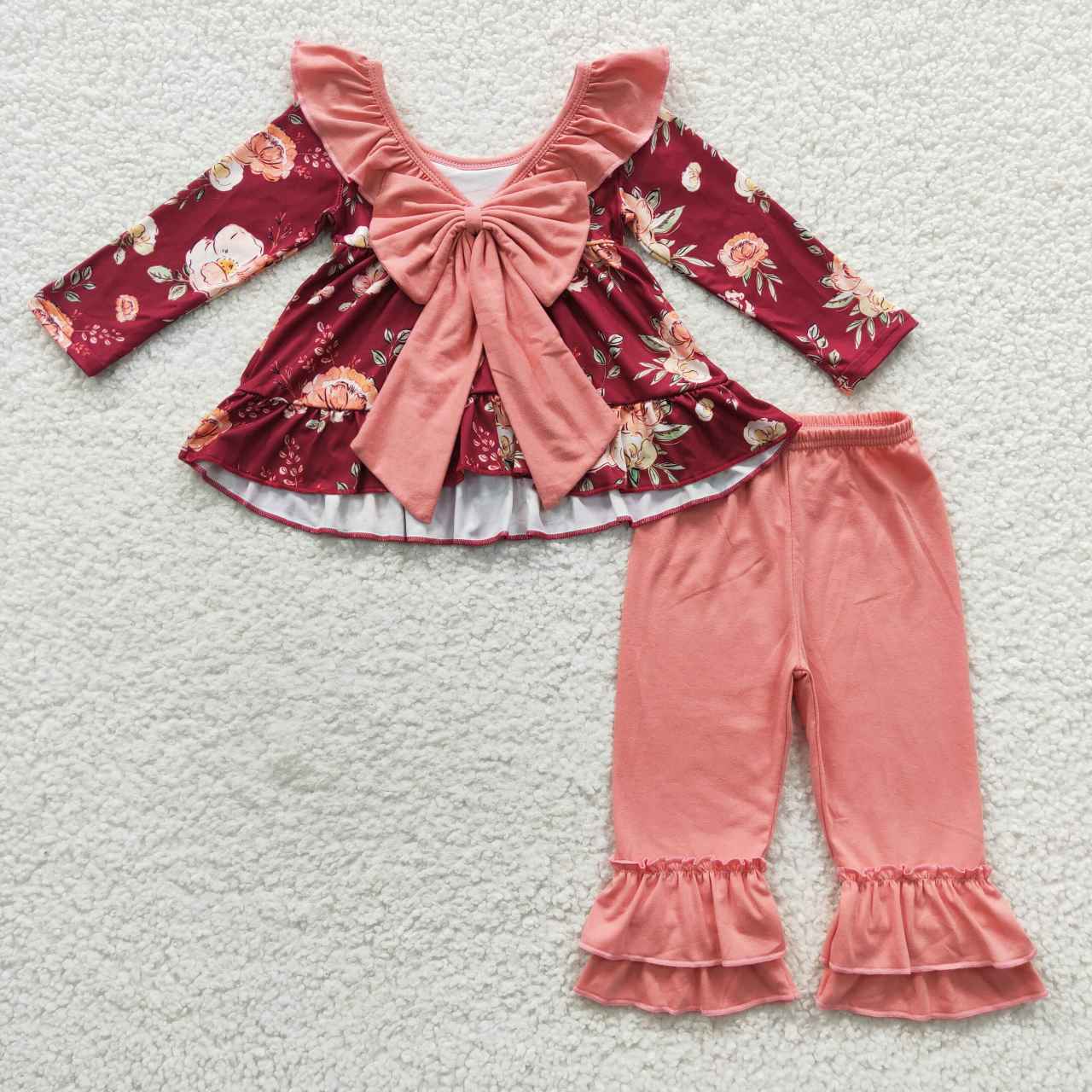 GLP0532 Flowers backless tunic top cotton pants girls fall clothes set