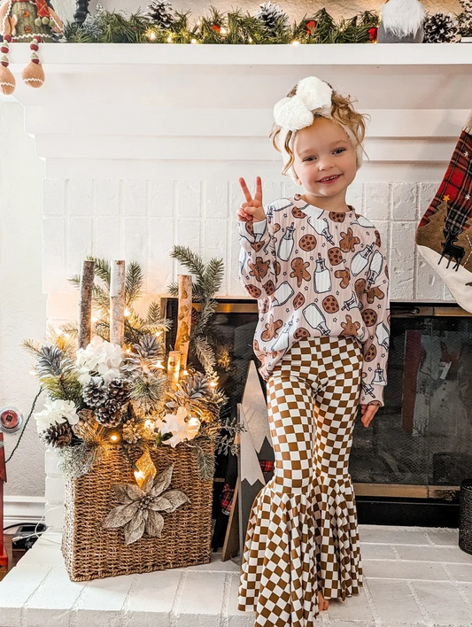 GLP0554 Girls Gingerbread top Plaid bell pants Christmas clothes set