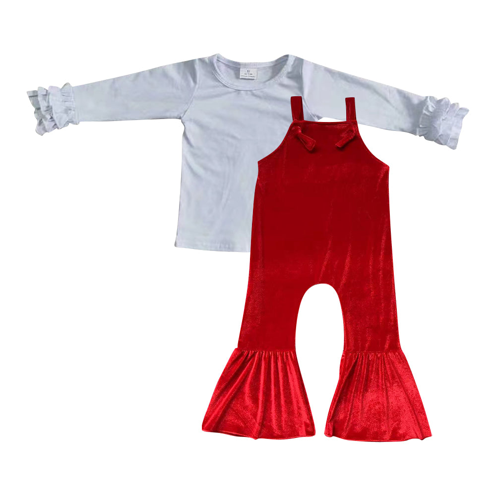 GLP0557 White top red velvet overall girls Christmas clothes set