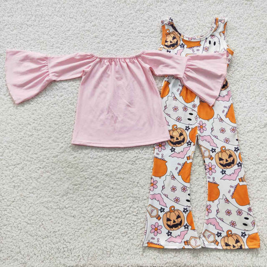 GLP0568 Pink flowers pumpkin ghost girls Halloween jumpsuit clothes set