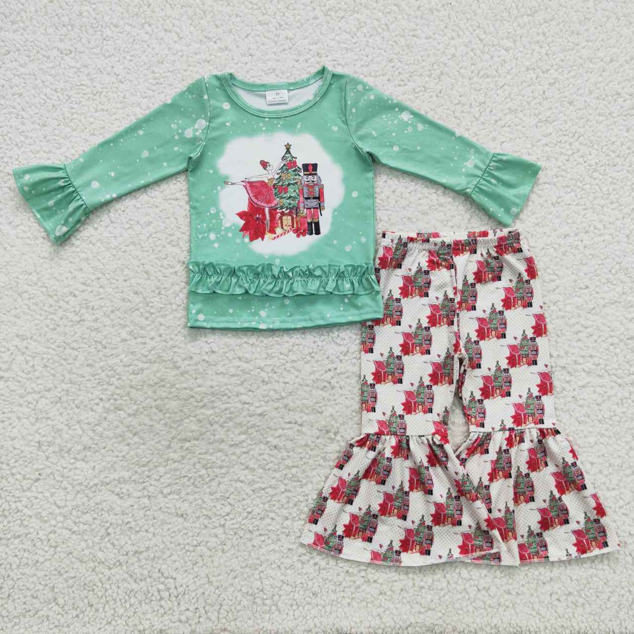 GLP0577 Green Christmas soldier bell pants girls clothes set