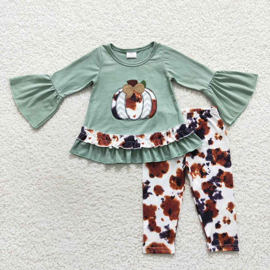 GLP0578 Cowhide pumpkin embroidery ruffles top legging pants girls clothes set