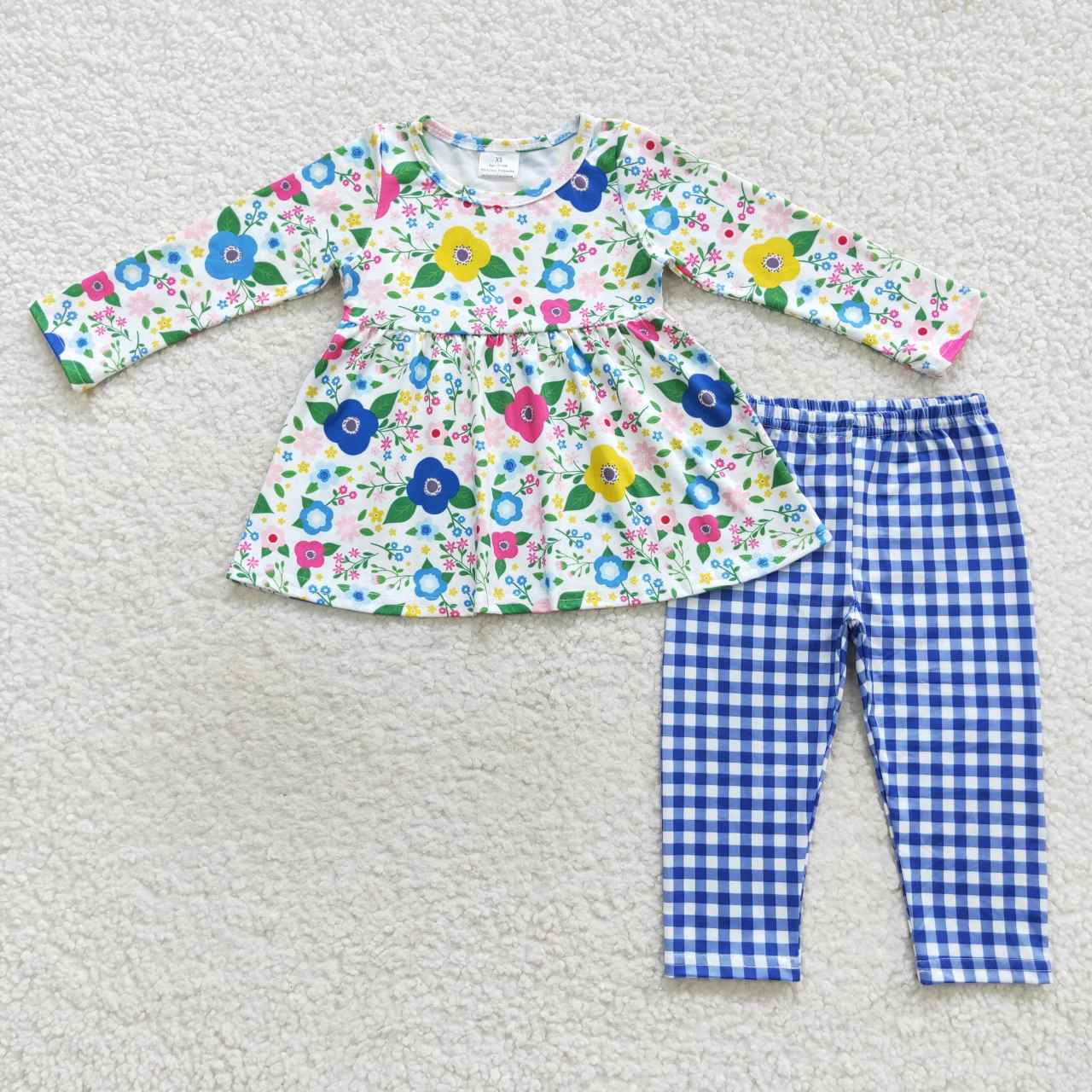 GLP0580 Flowers tunic top blue plaid legging pants girls clothes set