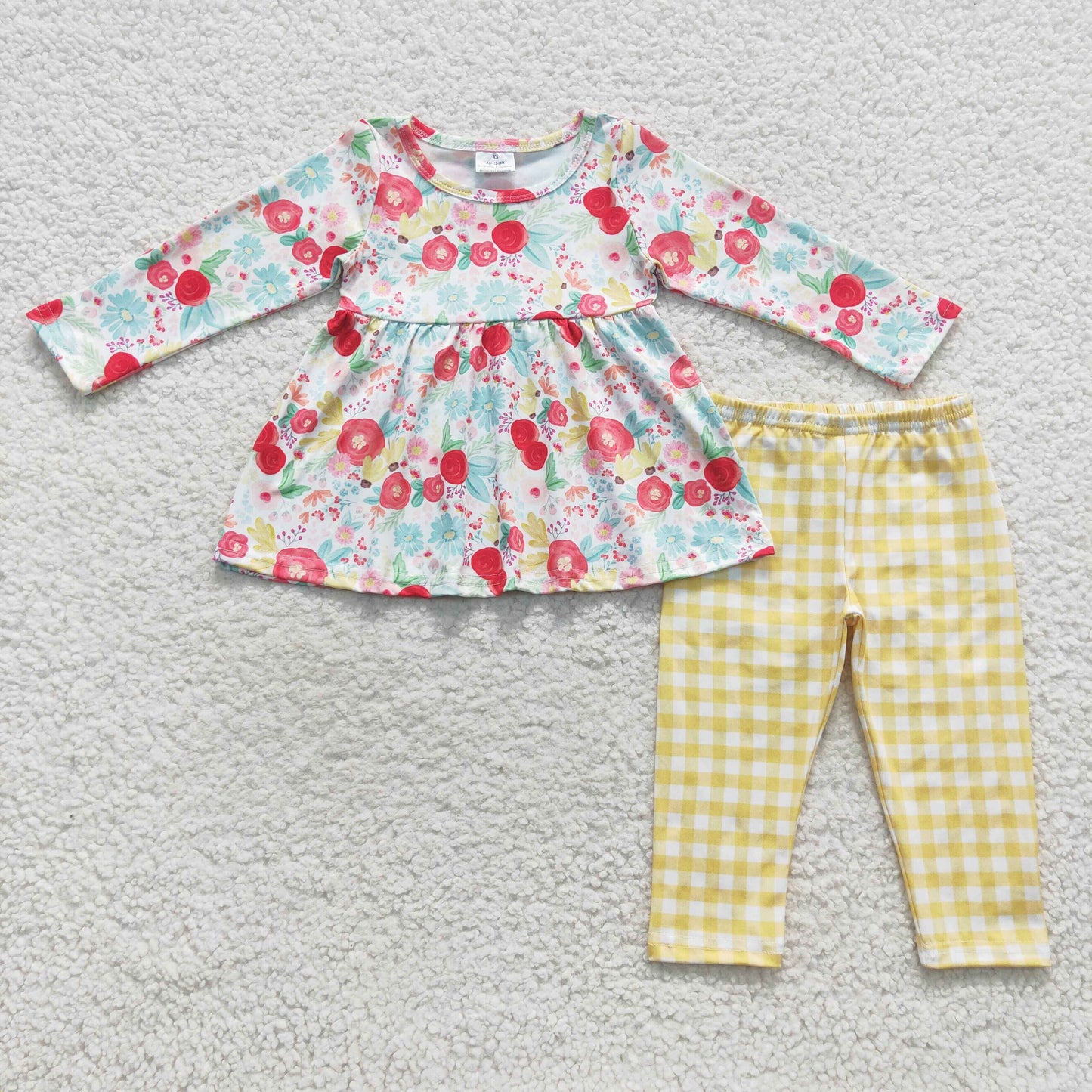 GLP0581 Flowers tunic top yellow plaid legging pants girls clothes set