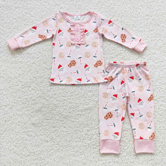 GLP0592 Pink Christmas santa milk cookie print girls pajamas