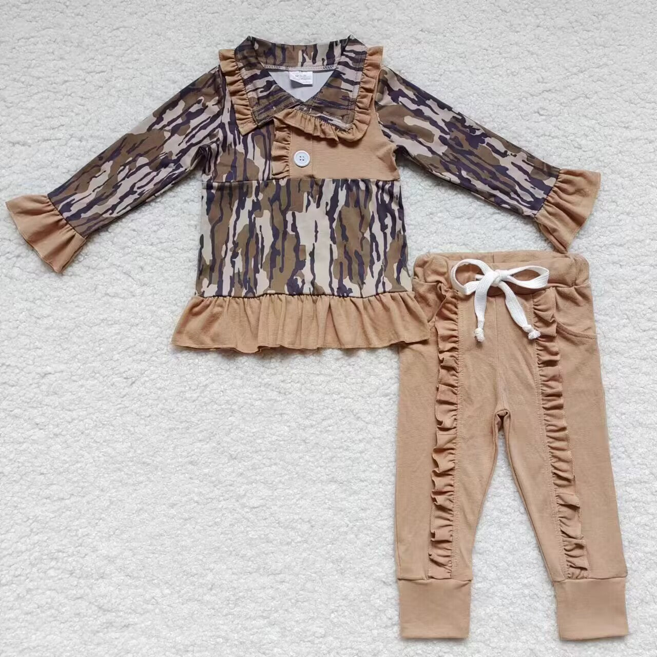 GLP0593 Girls camo print button pullover shirts ruffle pants fall clothes set