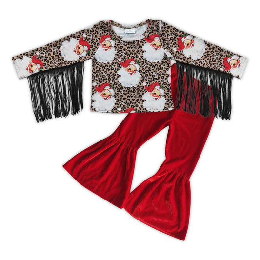 GLP0594 Christmas Santa tassel top red velvet bell pants girls clothes set