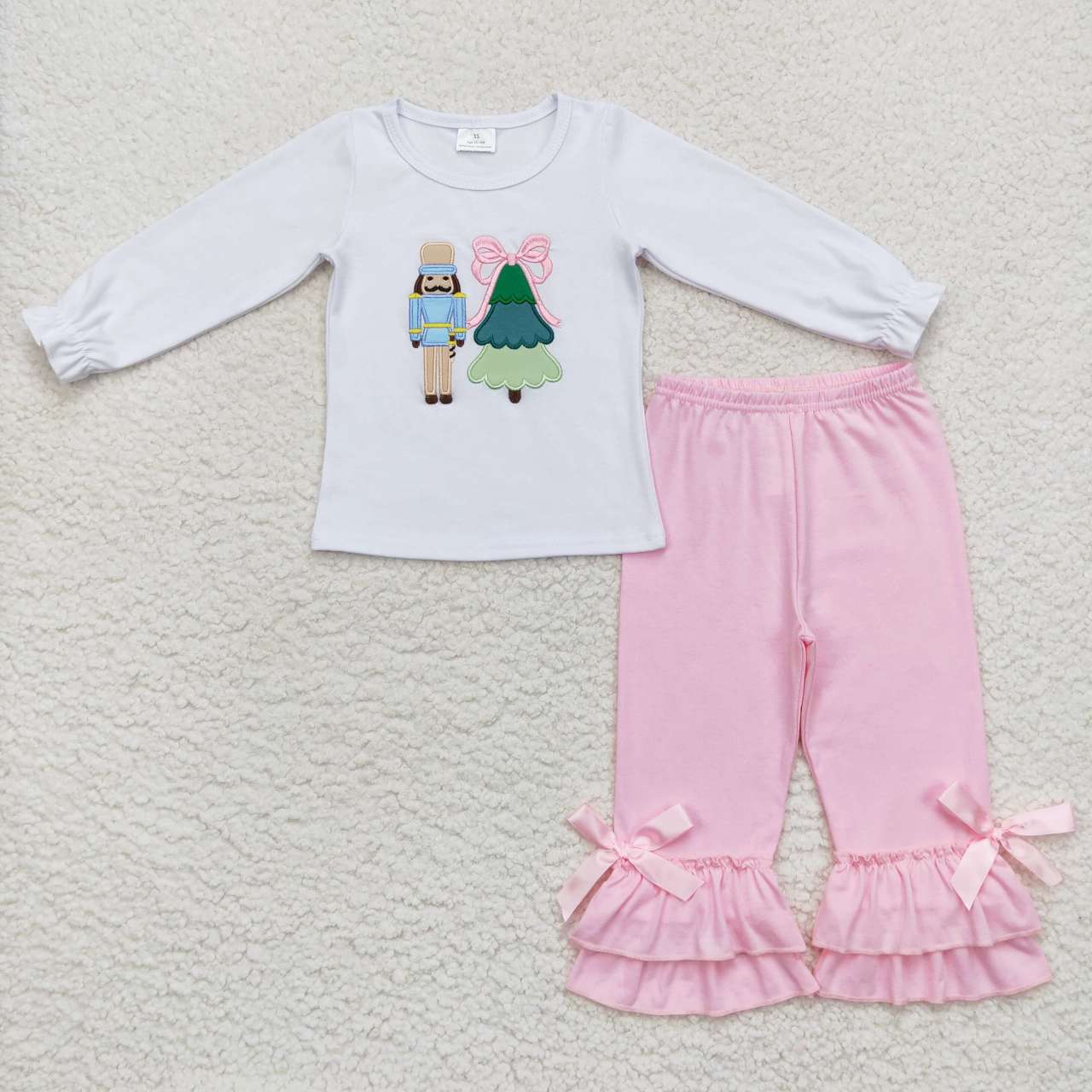 GLP0597 Christmas soldier embroidery top pink ruffles pants girls clothes set