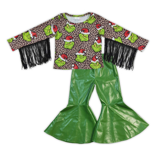 GLP0599 Christmas frog tassel top green pleather bell pants girls clothes set