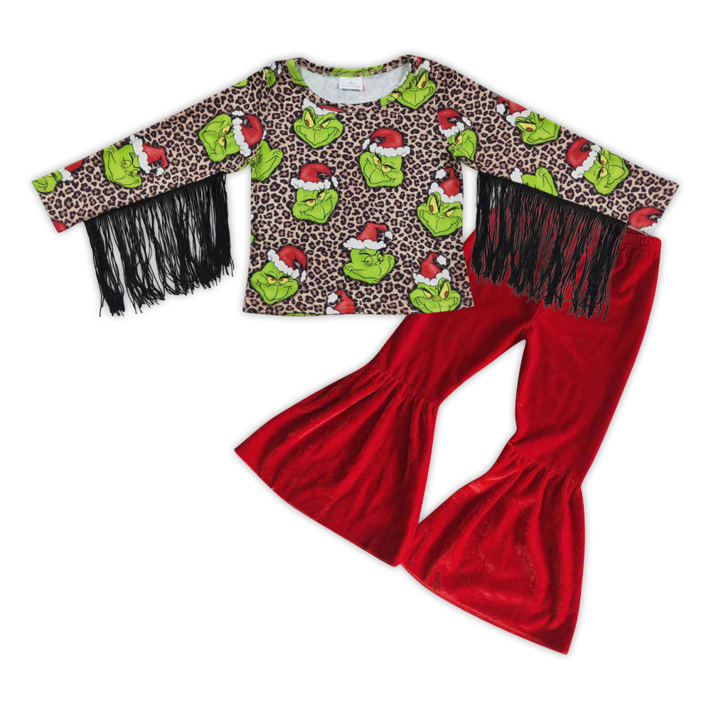 GLP0600 Christmas frog tassel top red velvet bell pants girls clothes set