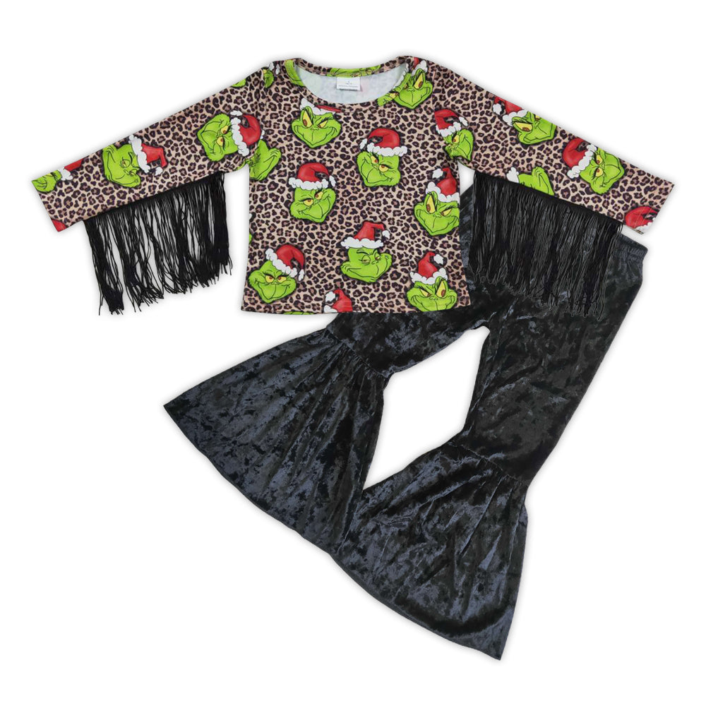 GLP0601 Christmas frog tassel top black velvet bell pants girls clothes set