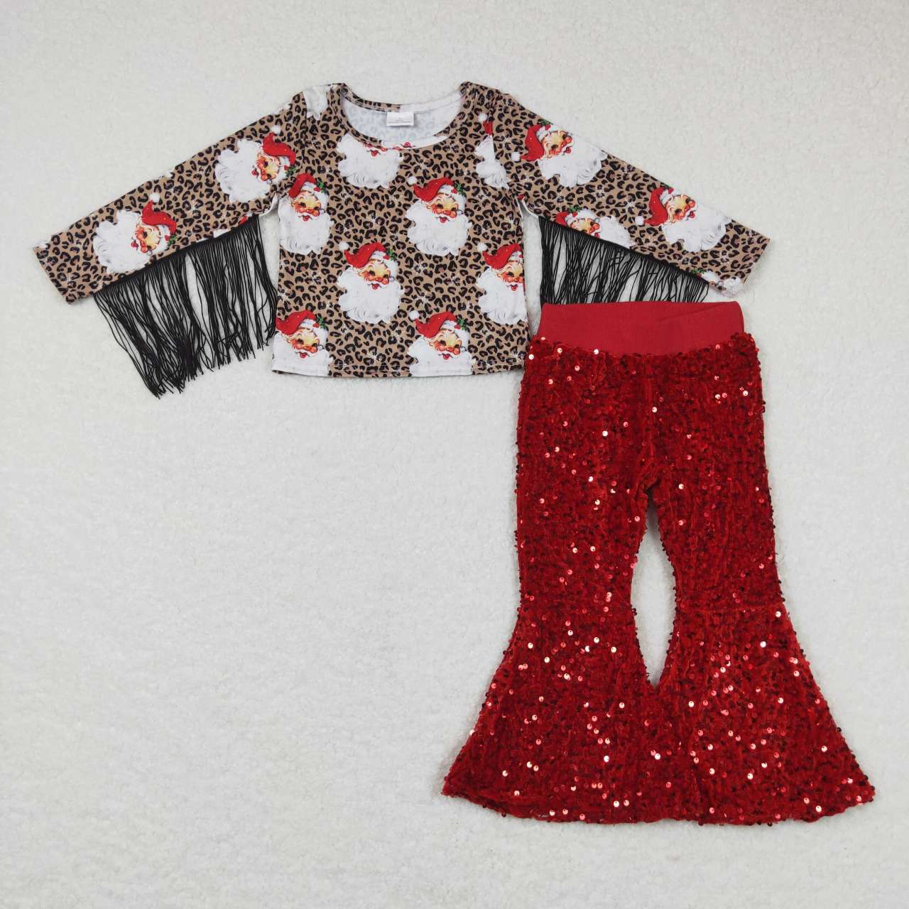 GLP0603 Christmas Santa tassel top red sequined bell pants girls clothes set