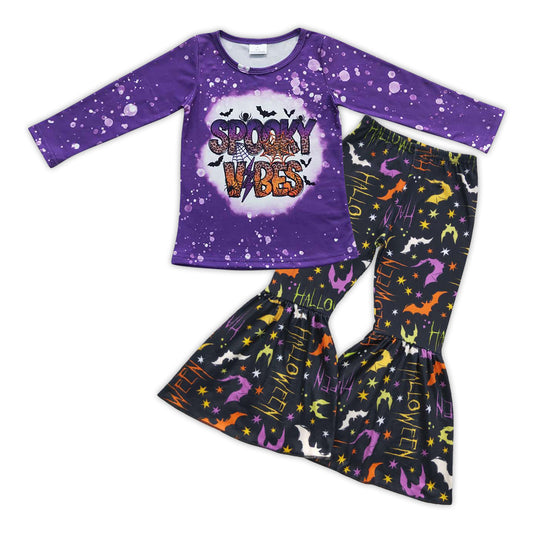 GLP0606 Purple Spooky Vibes Top Halloween Witch Bell Pants Girls Clothes Set