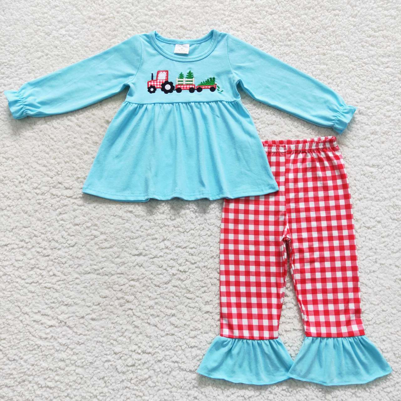 GLP0609 Blue Christmas tree truck embroidery tunic top red plaid pants girls clothes set