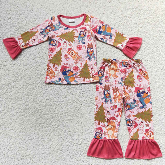 GLP0622 Cartoon dog Christmas tree print girls pajamas clothes set