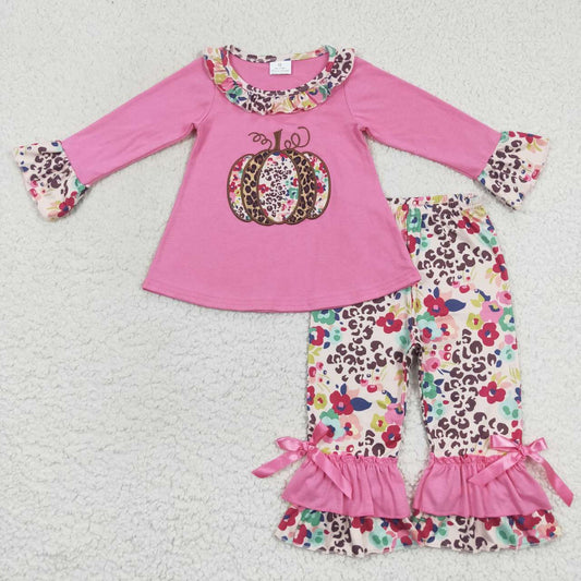 GLP0626 Hot pink pumpkin flowers embroidery print girls fall clothes set