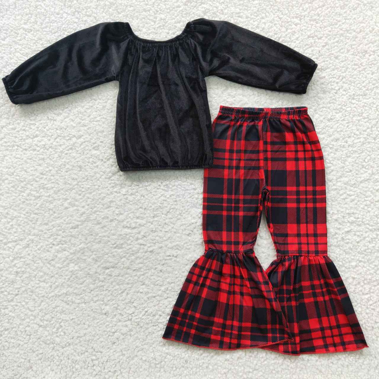 GLP0630 Girls velvet black off shoulder elastic fall top red plaid bell pants Christmas outfits