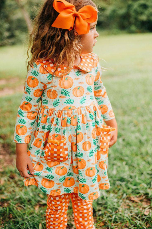 GLP0640 Girls pumpkin pockets tunic top orange plaid legging pants clothes set
