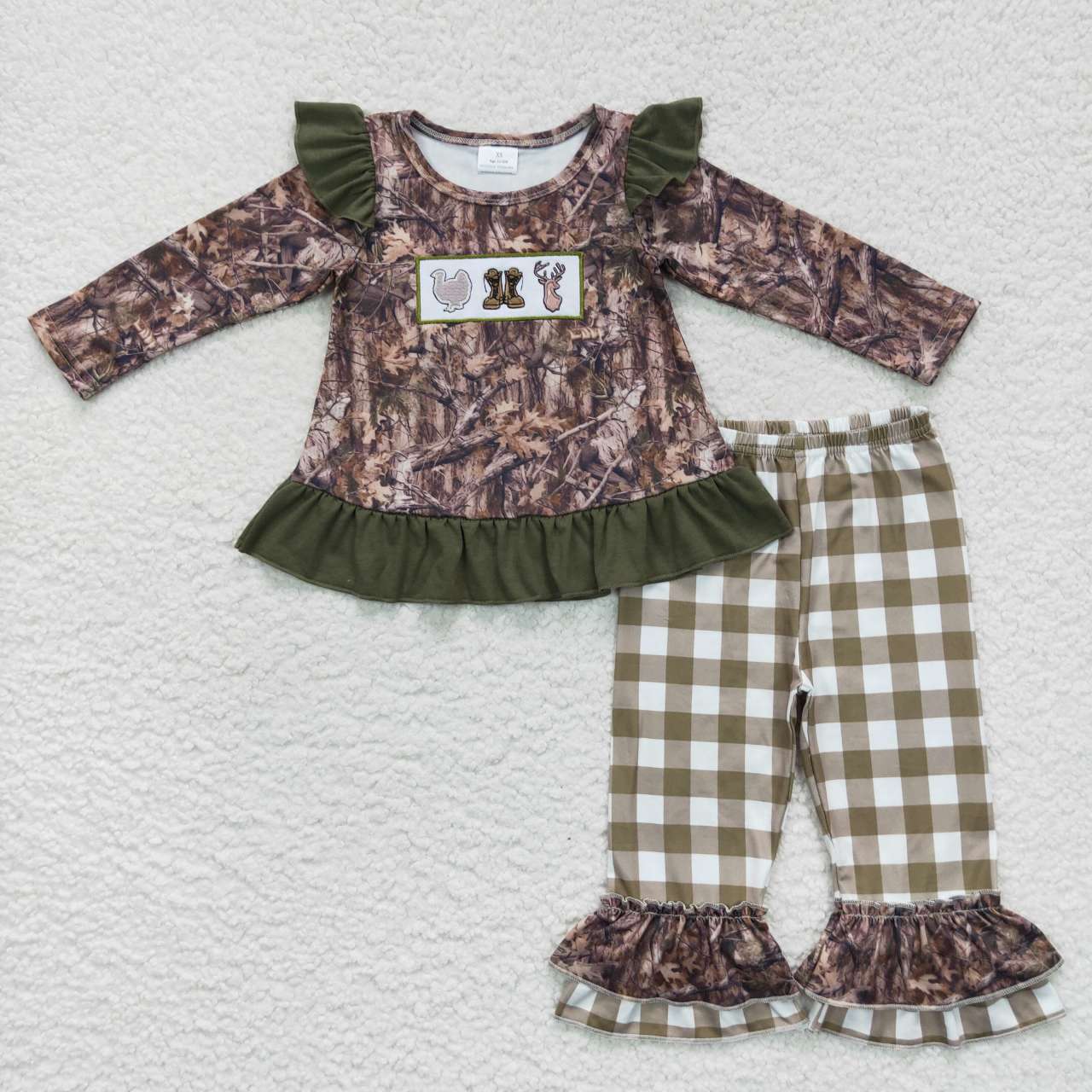 GLP0644 Girls fall camo turkey boots deer embroidery print plaid pants hunting clothes set