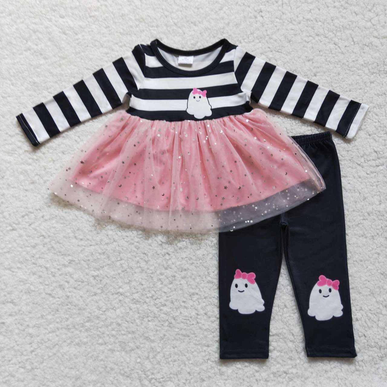 GLP0651 Cute ghost pink tulle tunic top legging pants girls Halloween clothes set