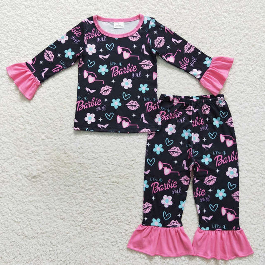 GLP0652 Pink BA flowers print black girls pajamas clothes set